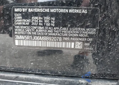 2021 BMW 330I z USA, uszkodzony, nr VIN 3MW5R1J06M8B92078
